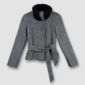 Mango Turtle High Neck Y2K Aesthetic Zip Up Gray Wool Belted Jacket Size 6